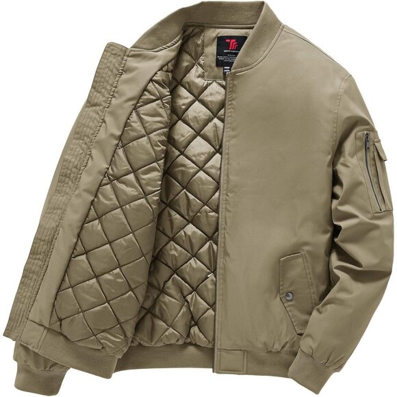 Men's Deep Khaki Windproof Quilted Bomber Jacket Coats Warm Winter Outwear
